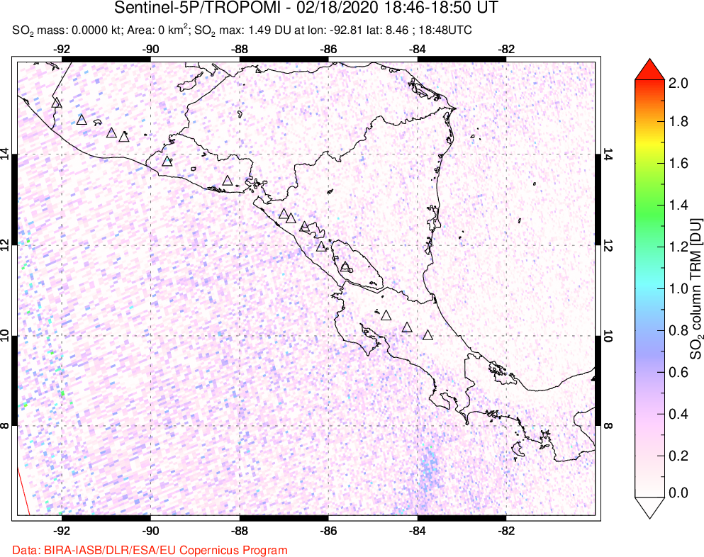 A sulfur dioxide image over Central America on Feb 18, 2020.