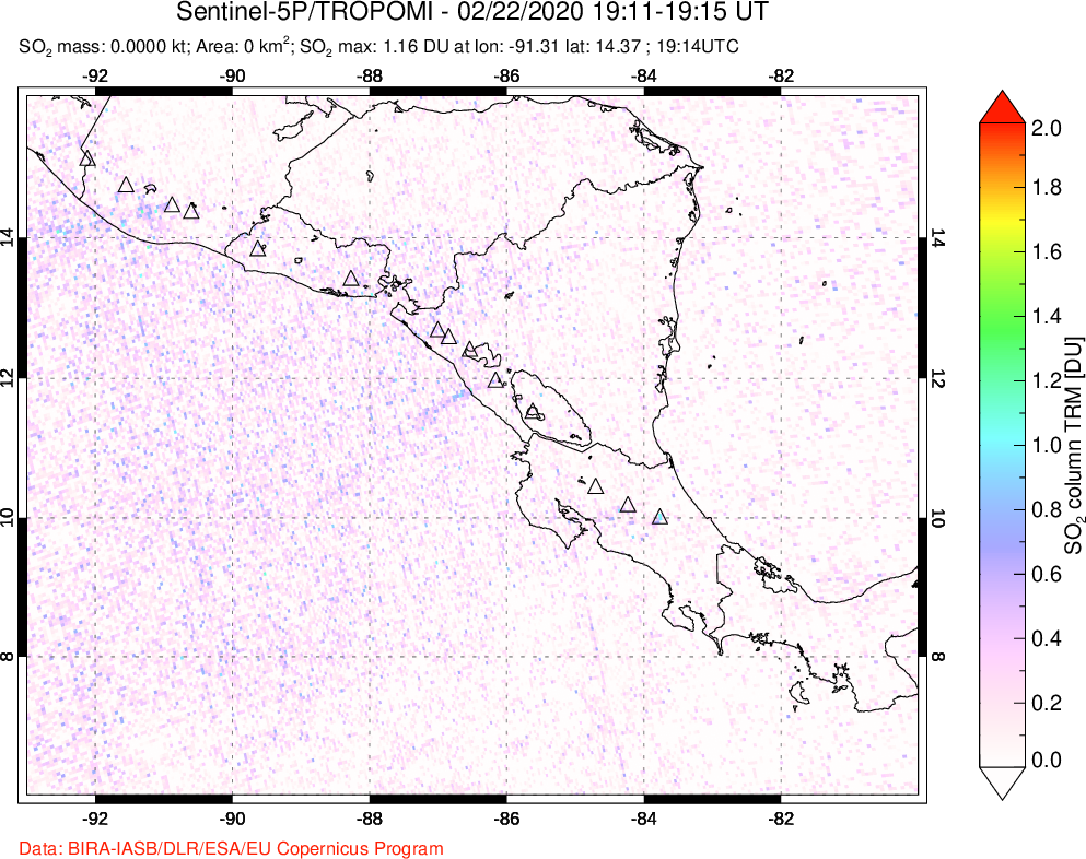 A sulfur dioxide image over Central America on Feb 22, 2020.