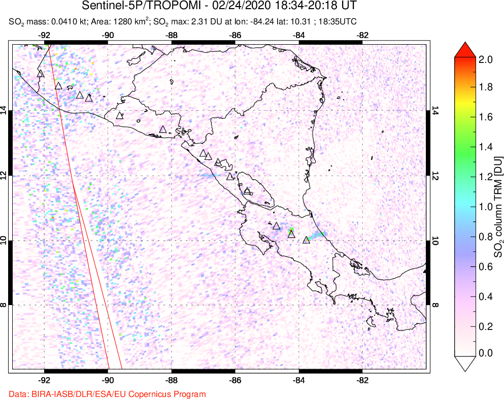 A sulfur dioxide image over Central America on Feb 24, 2020.