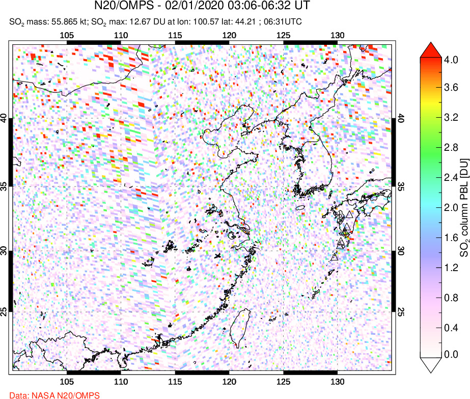 A sulfur dioxide image over Eastern China on Feb 01, 2020.