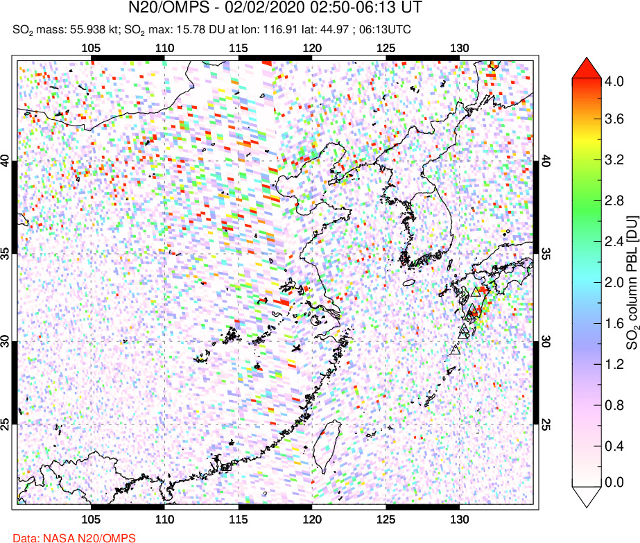 A sulfur dioxide image over Eastern China on Feb 02, 2020.