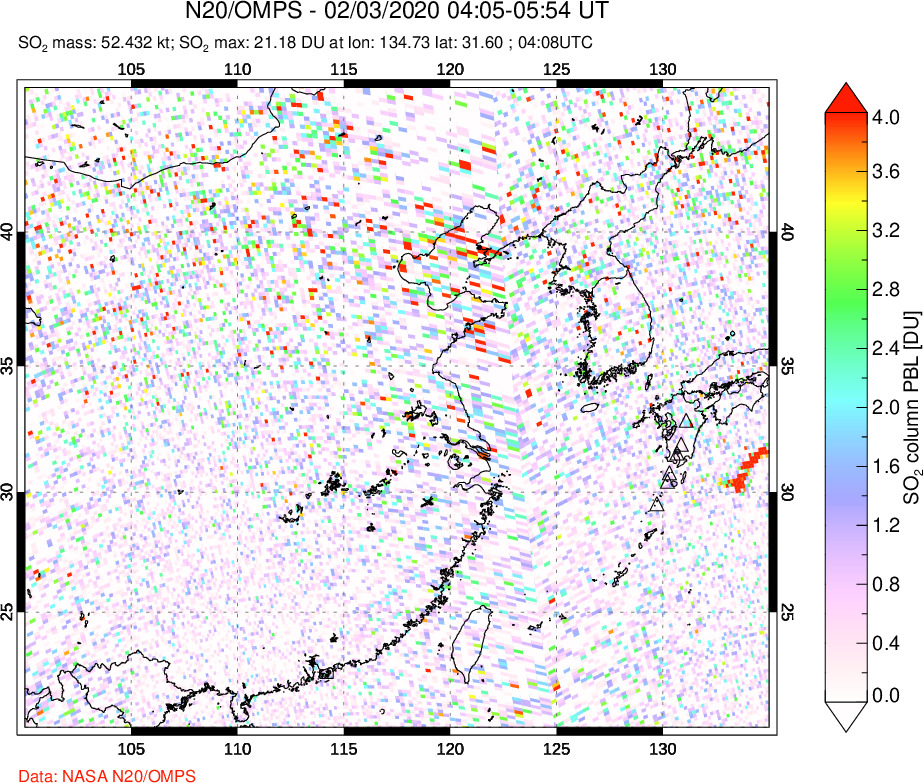 A sulfur dioxide image over Eastern China on Feb 03, 2020.