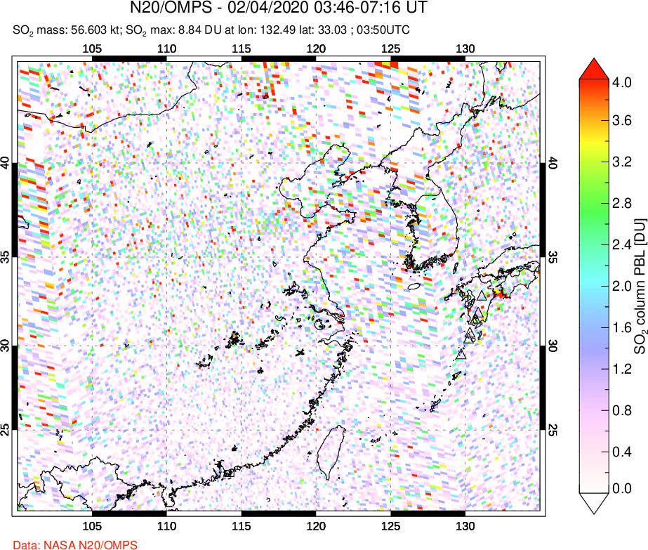 A sulfur dioxide image over Eastern China on Feb 04, 2020.