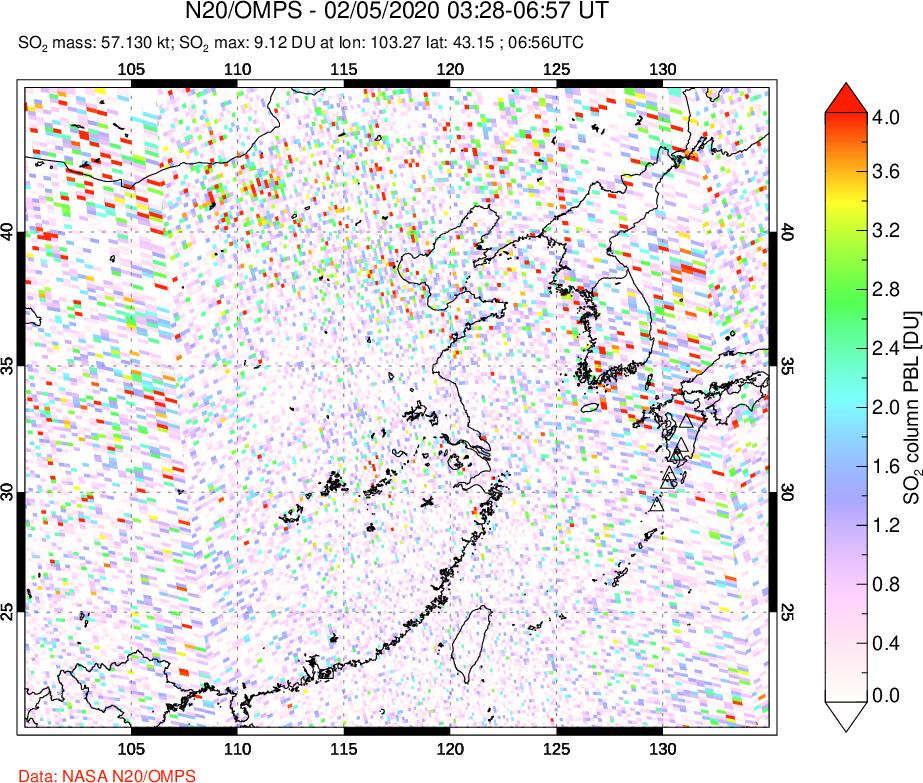 A sulfur dioxide image over Eastern China on Feb 05, 2020.