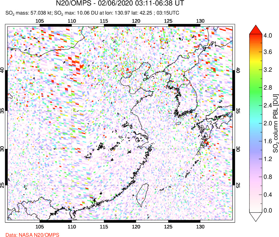 A sulfur dioxide image over Eastern China on Feb 06, 2020.