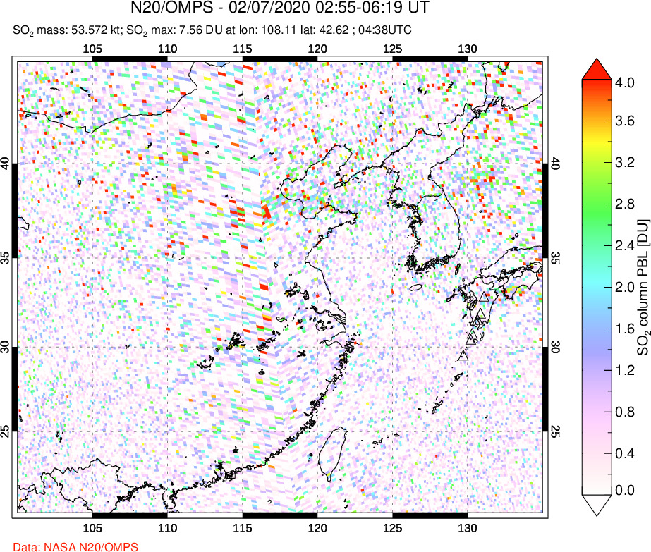 A sulfur dioxide image over Eastern China on Feb 07, 2020.