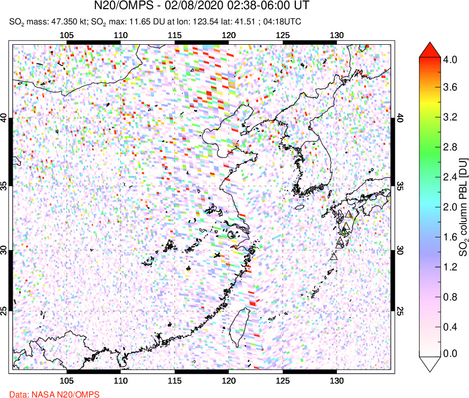 A sulfur dioxide image over Eastern China on Feb 08, 2020.