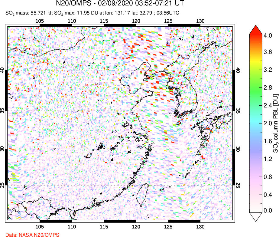 A sulfur dioxide image over Eastern China on Feb 09, 2020.