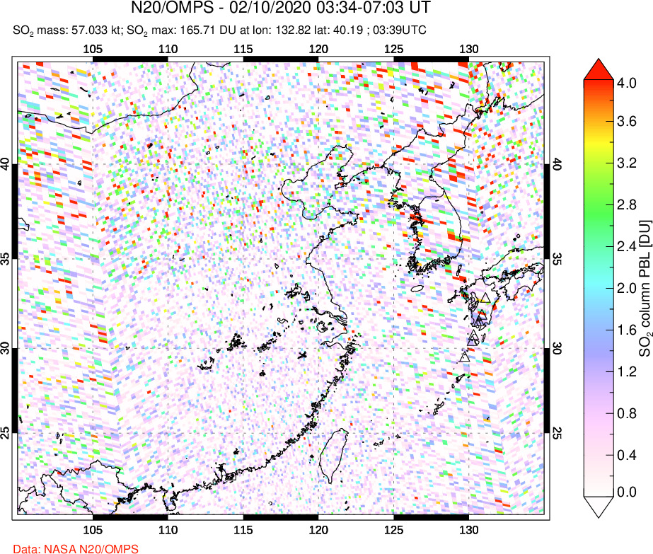 A sulfur dioxide image over Eastern China on Feb 10, 2020.
