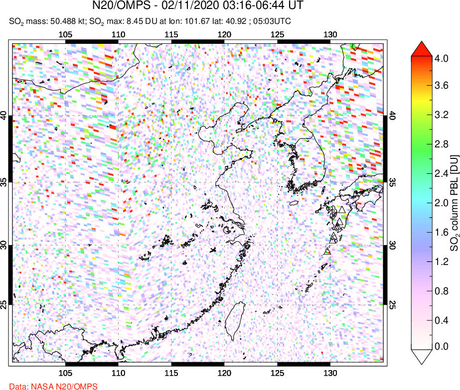 A sulfur dioxide image over Eastern China on Feb 11, 2020.