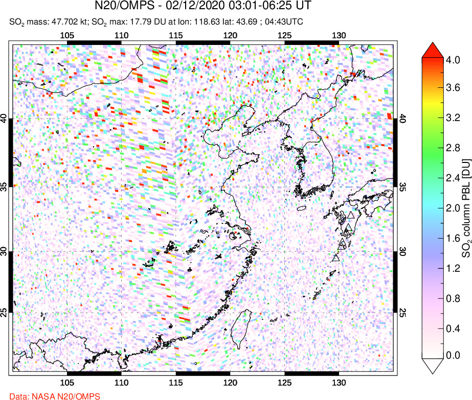 A sulfur dioxide image over Eastern China on Feb 12, 2020.