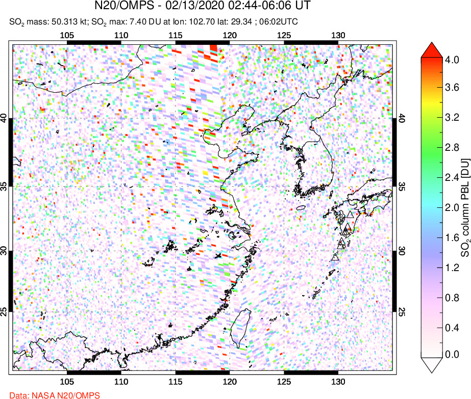 A sulfur dioxide image over Eastern China on Feb 13, 2020.
