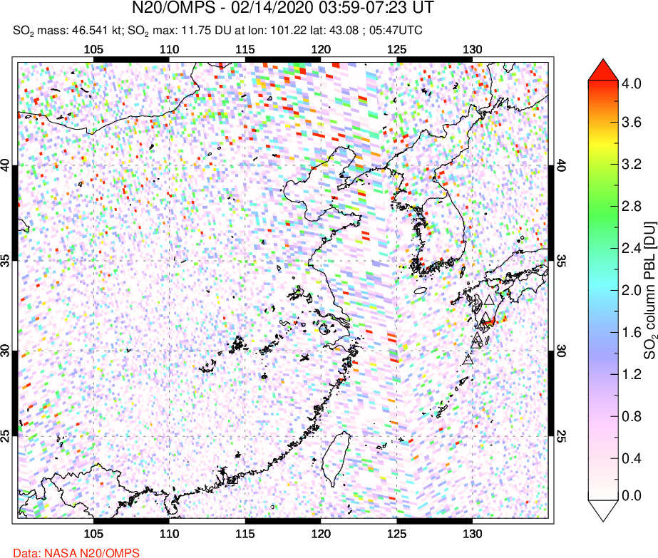 A sulfur dioxide image over Eastern China on Feb 14, 2020.
