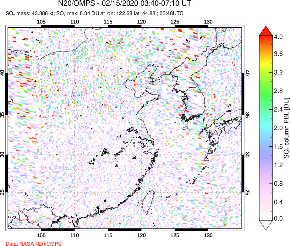 A sulfur dioxide image over Eastern China on Feb 15, 2020.