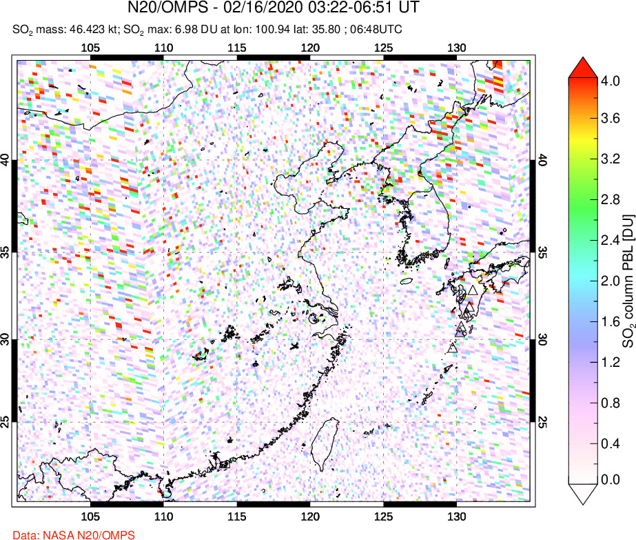 A sulfur dioxide image over Eastern China on Feb 16, 2020.