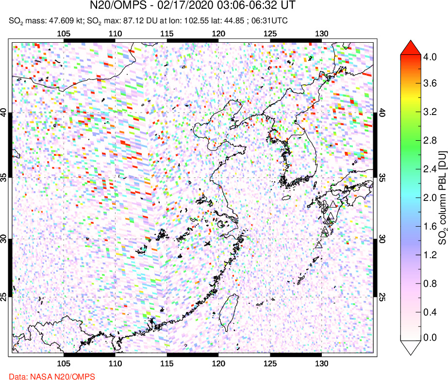 A sulfur dioxide image over Eastern China on Feb 17, 2020.