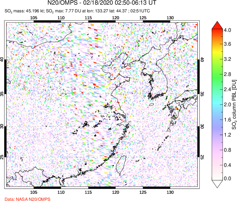 A sulfur dioxide image over Eastern China on Feb 18, 2020.