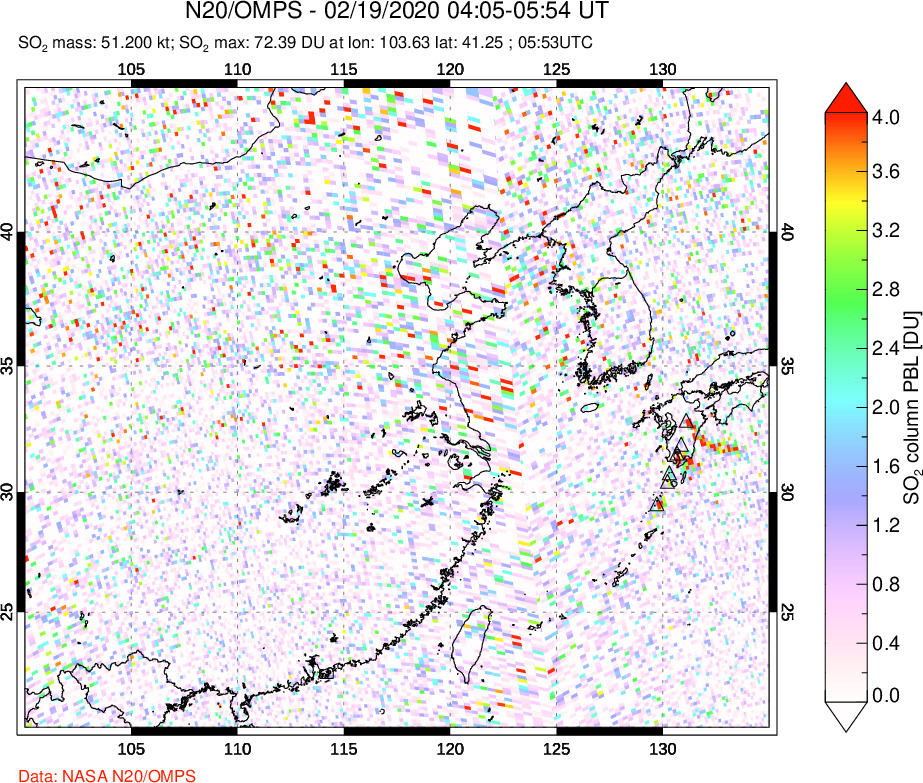 A sulfur dioxide image over Eastern China on Feb 19, 2020.