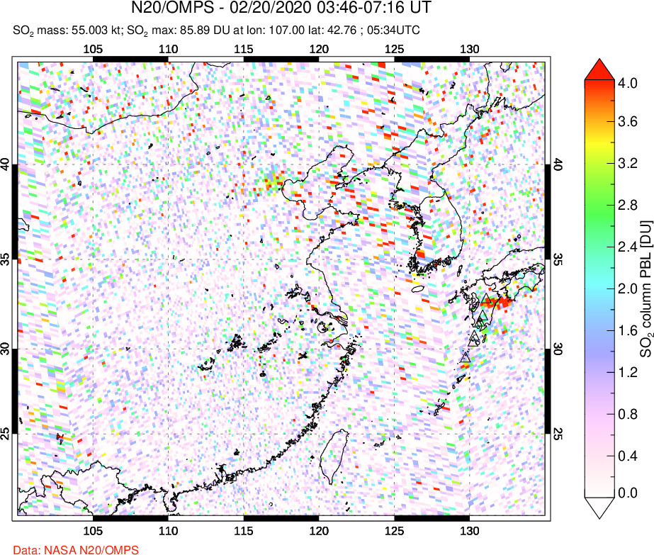 A sulfur dioxide image over Eastern China on Feb 20, 2020.