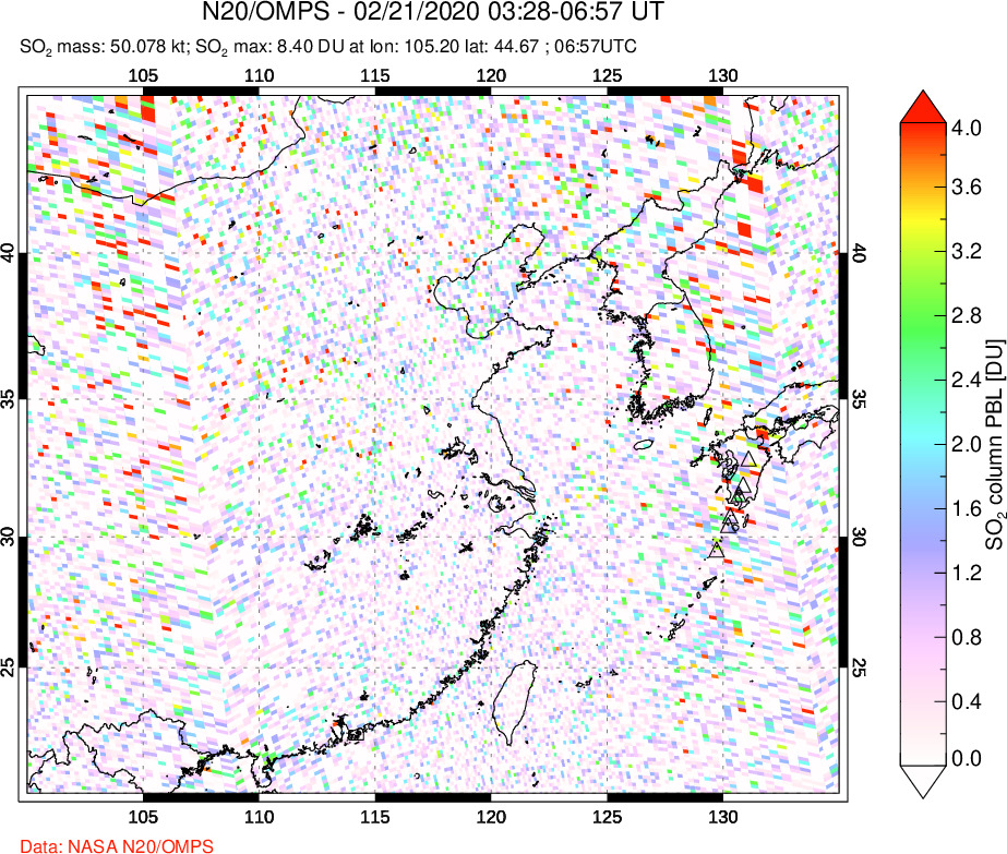 A sulfur dioxide image over Eastern China on Feb 21, 2020.