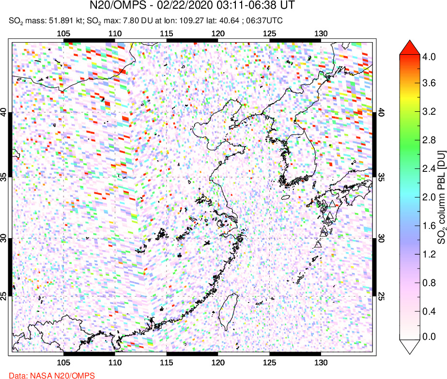 A sulfur dioxide image over Eastern China on Feb 22, 2020.