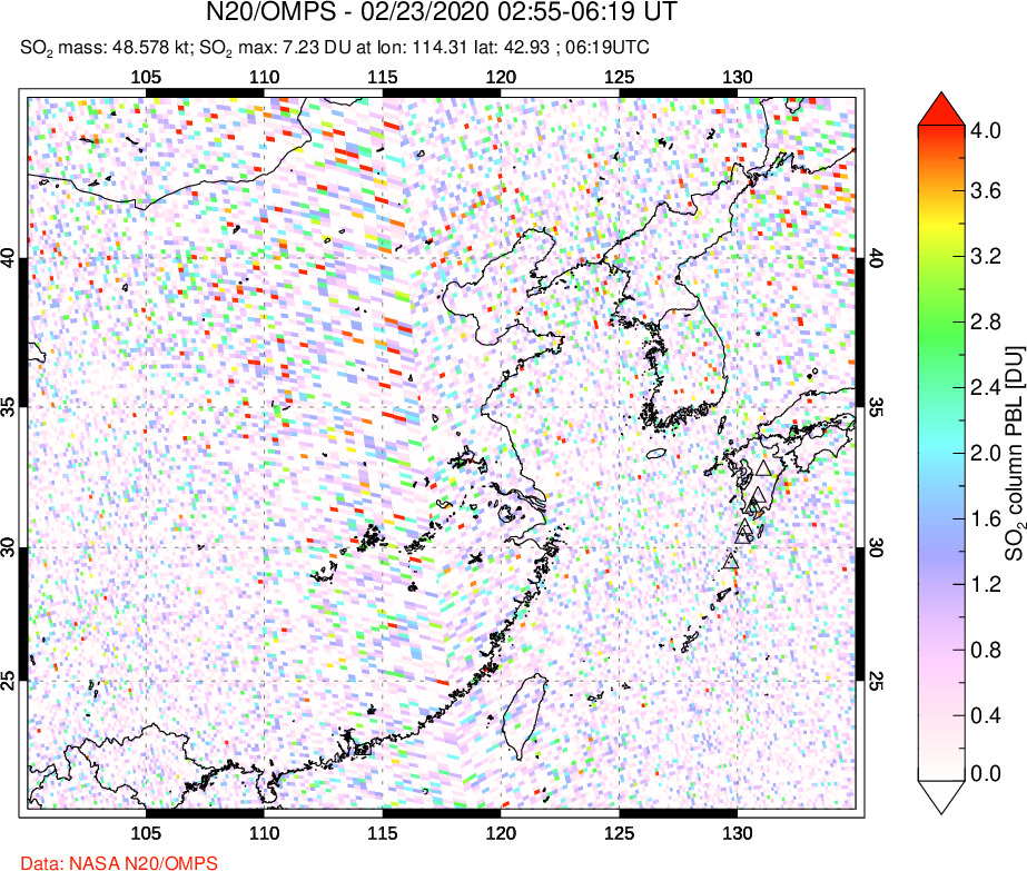 A sulfur dioxide image over Eastern China on Feb 23, 2020.