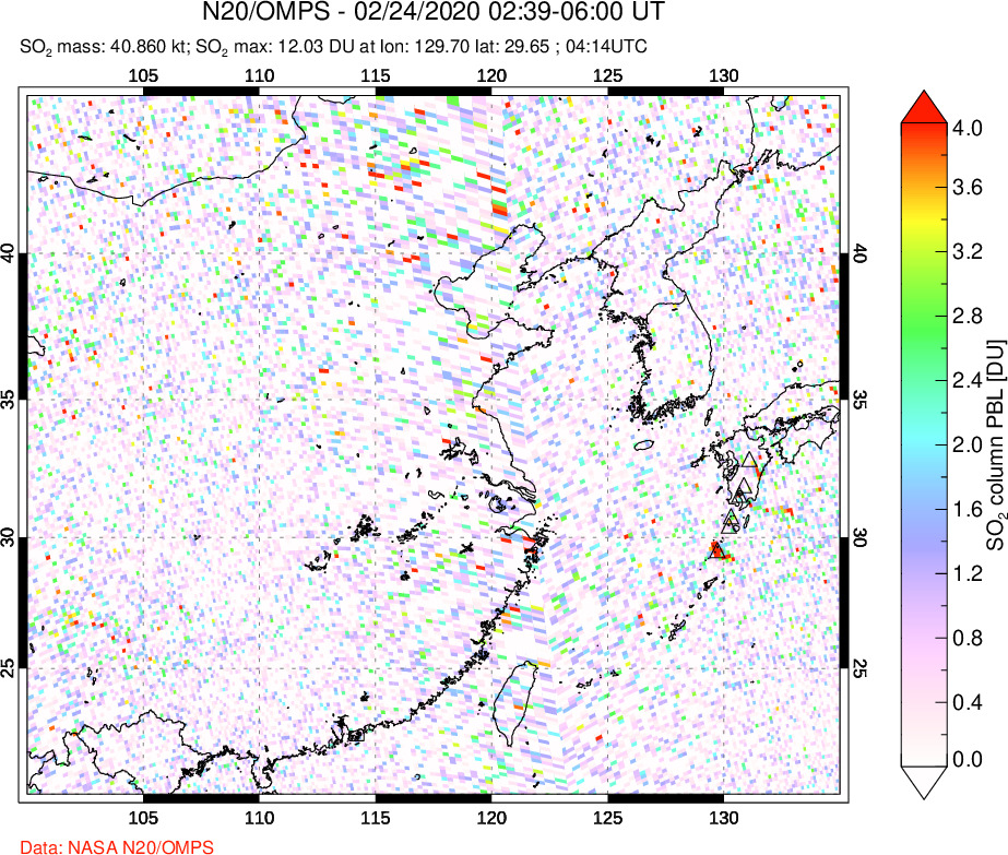 A sulfur dioxide image over Eastern China on Feb 24, 2020.