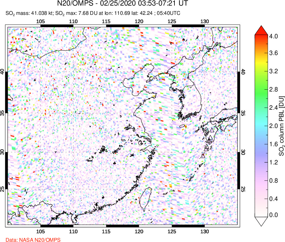 A sulfur dioxide image over Eastern China on Feb 25, 2020.