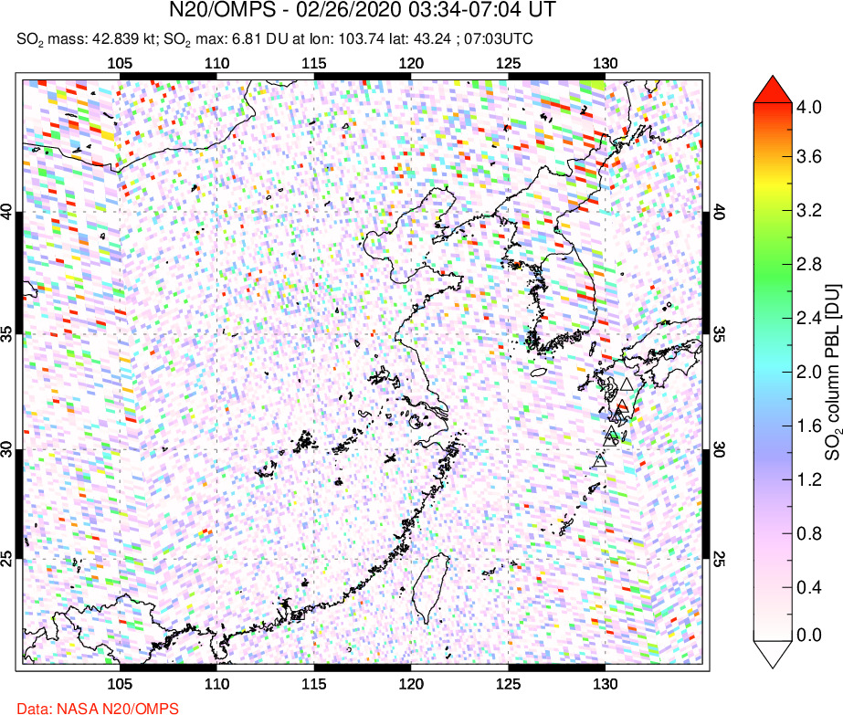 A sulfur dioxide image over Eastern China on Feb 26, 2020.