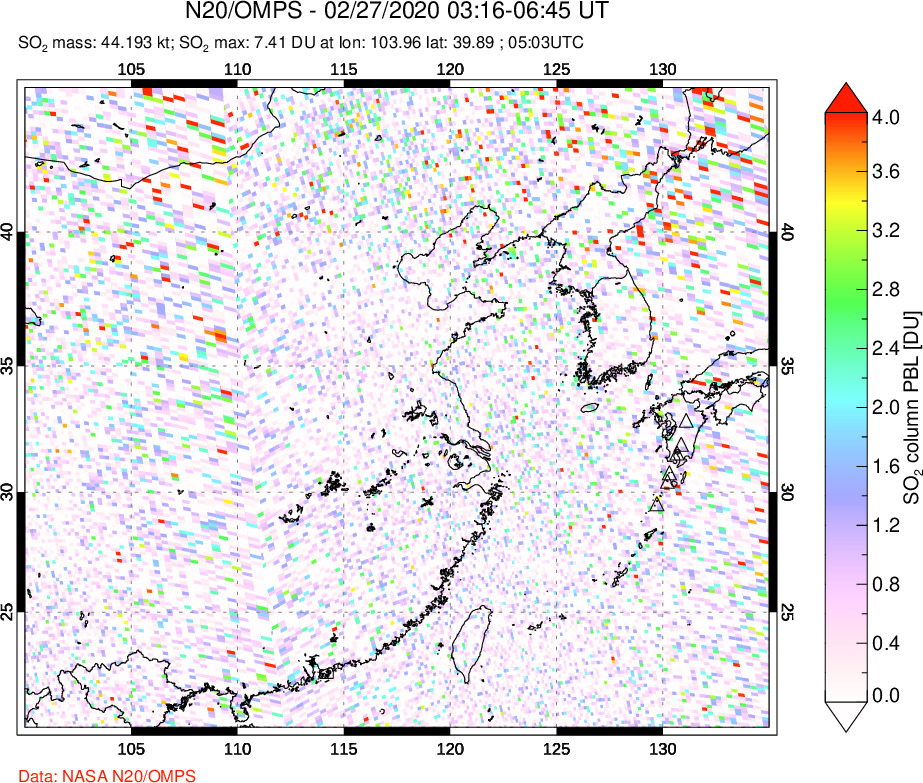 A sulfur dioxide image over Eastern China on Feb 27, 2020.