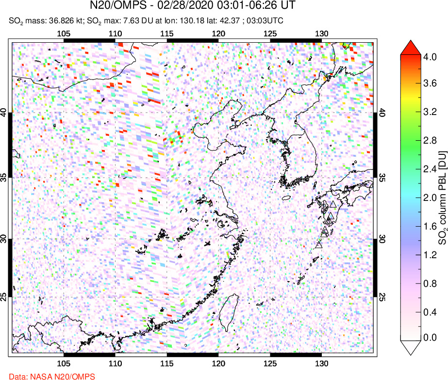 A sulfur dioxide image over Eastern China on Feb 28, 2020.