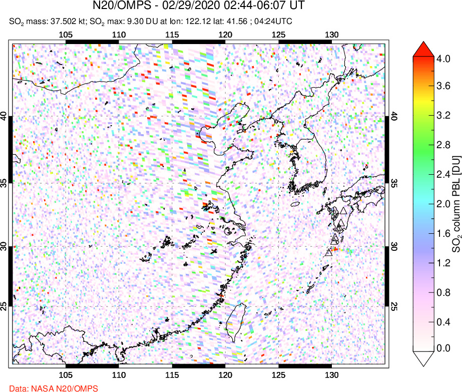 A sulfur dioxide image over Eastern China on Feb 29, 2020.