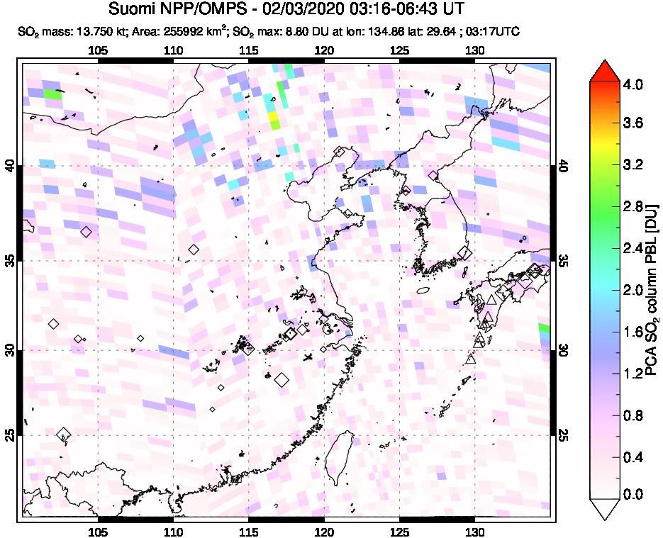 A sulfur dioxide image over Eastern China on Feb 03, 2020.