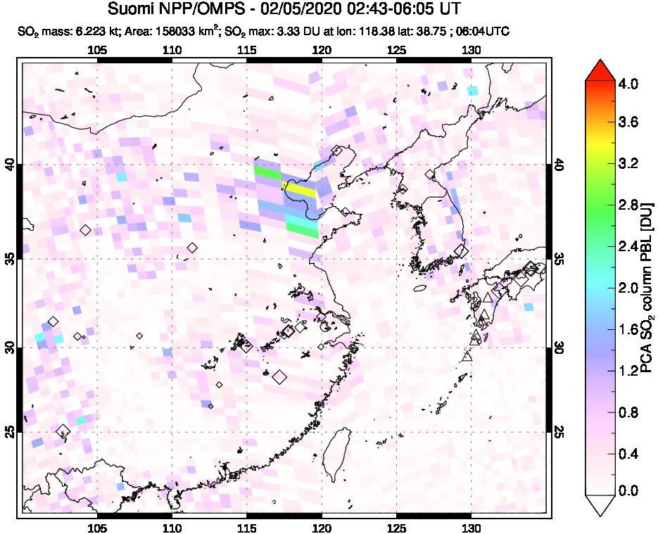 A sulfur dioxide image over Eastern China on Feb 05, 2020.