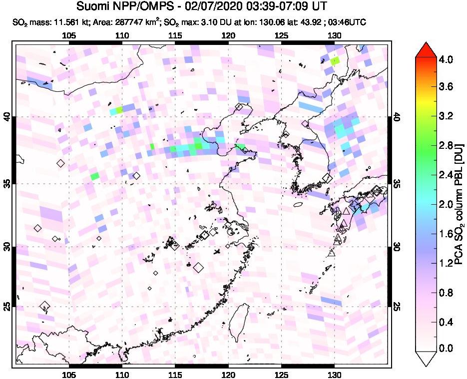 A sulfur dioxide image over Eastern China on Feb 07, 2020.