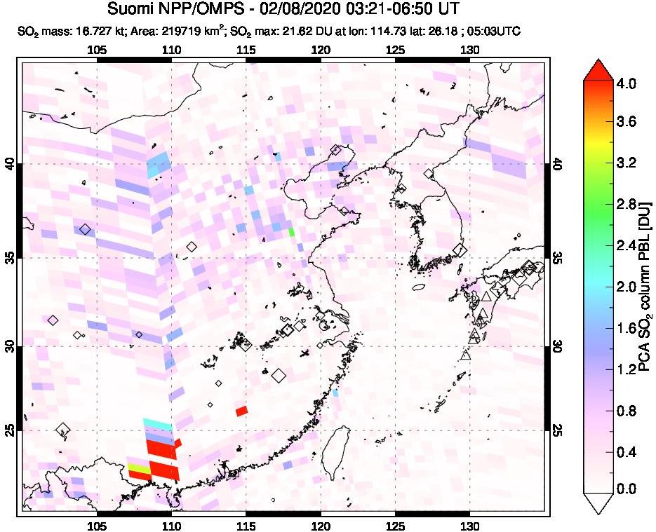 A sulfur dioxide image over Eastern China on Feb 08, 2020.