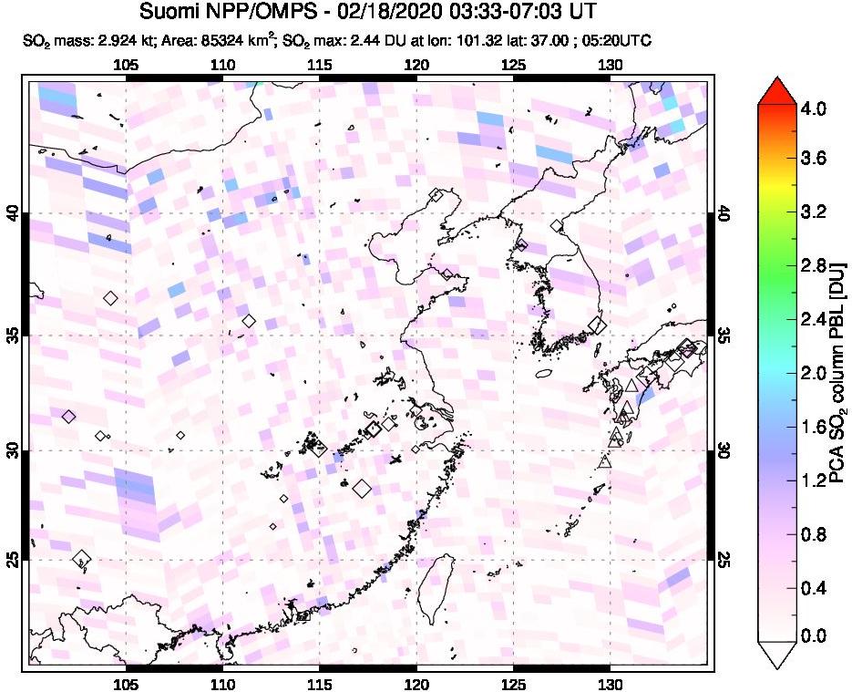 A sulfur dioxide image over Eastern China on Feb 18, 2020.