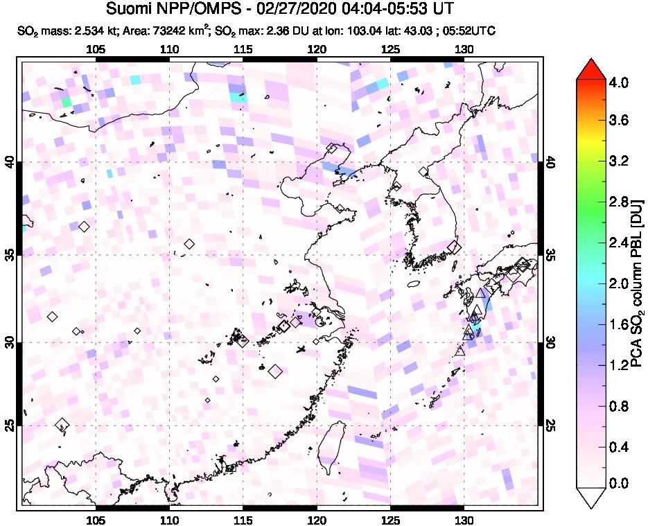 A sulfur dioxide image over Eastern China on Feb 27, 2020.