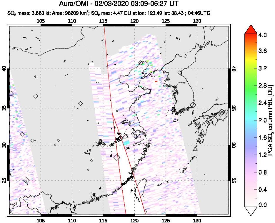 A sulfur dioxide image over Eastern China on Feb 03, 2020.