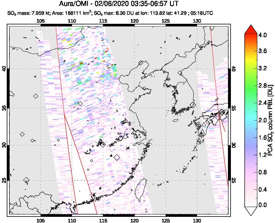 A sulfur dioxide image over Eastern China on Feb 06, 2020.