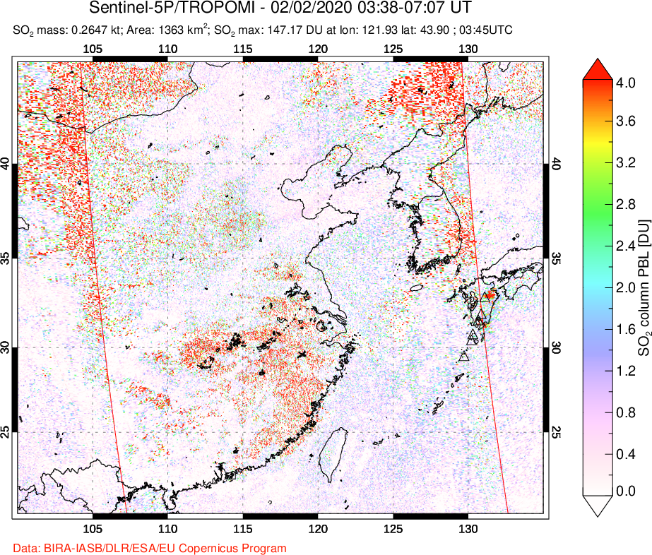 A sulfur dioxide image over Eastern China on Feb 02, 2020.