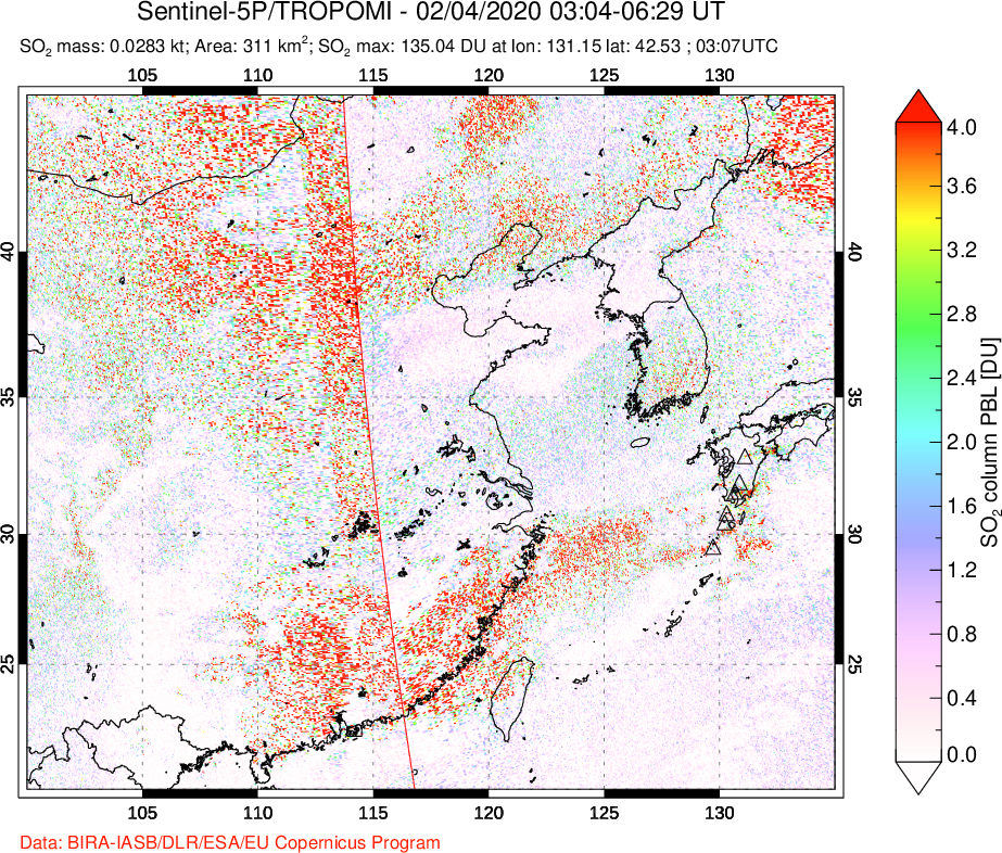 A sulfur dioxide image over Eastern China on Feb 04, 2020.