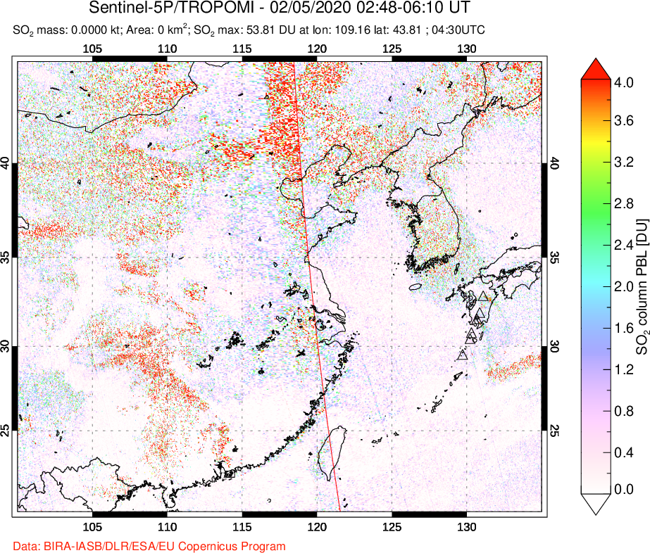 A sulfur dioxide image over Eastern China on Feb 05, 2020.