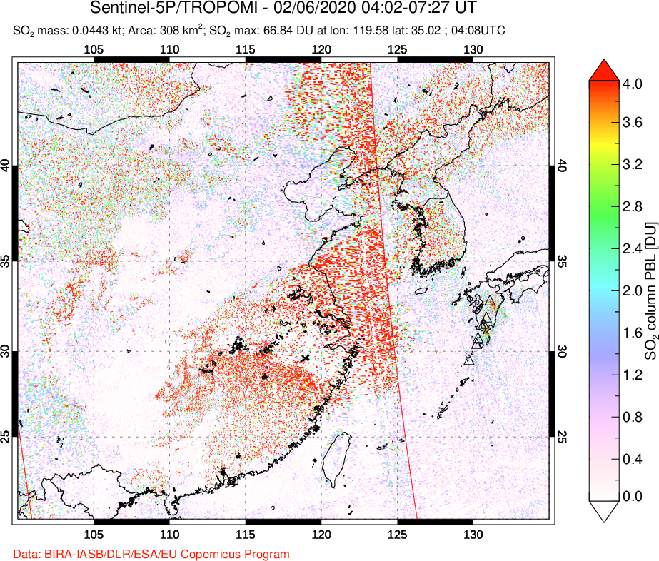 A sulfur dioxide image over Eastern China on Feb 06, 2020.