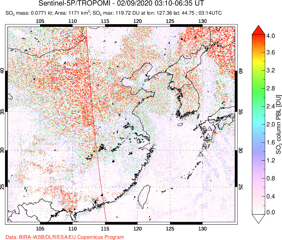 A sulfur dioxide image over Eastern China on Feb 09, 2020.