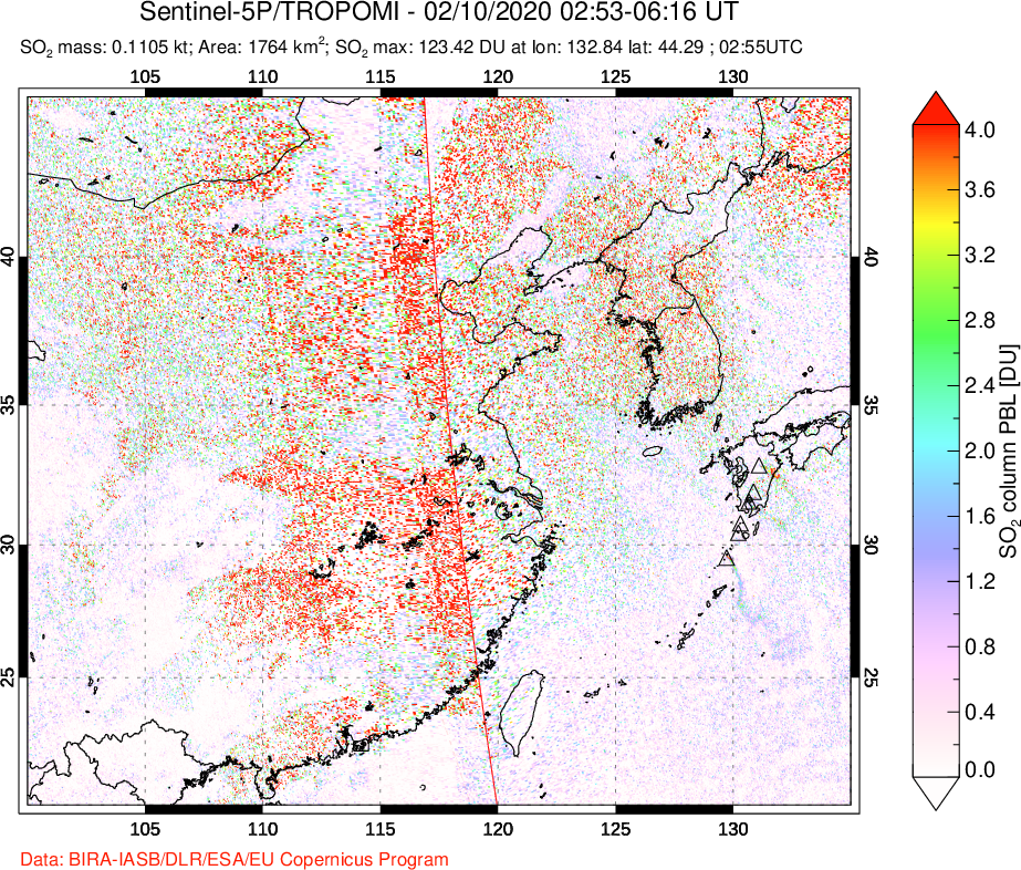A sulfur dioxide image over Eastern China on Feb 10, 2020.