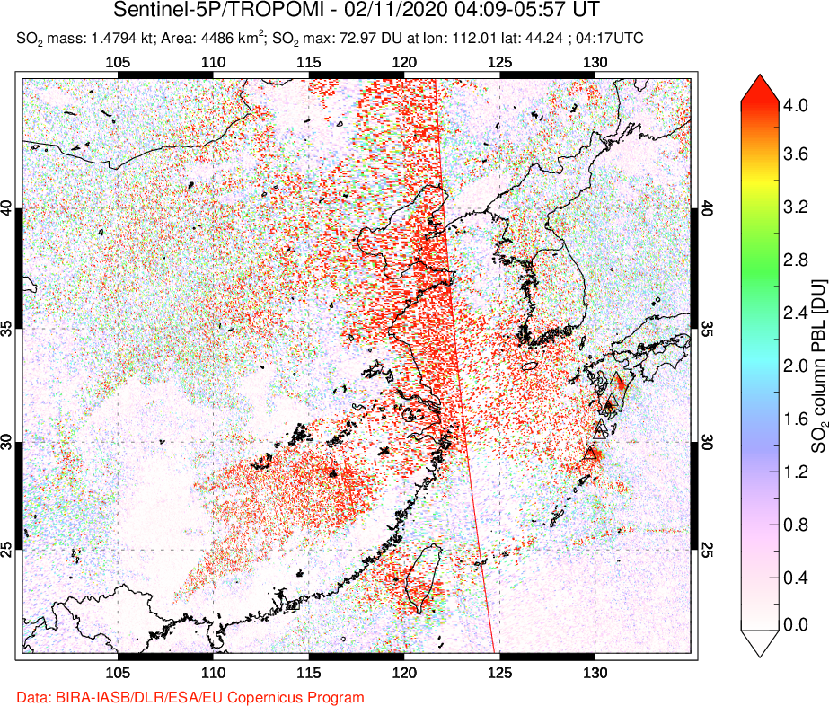 A sulfur dioxide image over Eastern China on Feb 11, 2020.