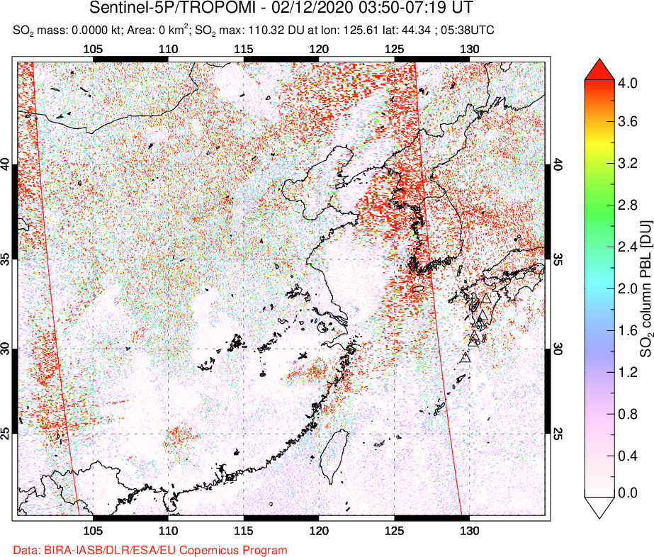 A sulfur dioxide image over Eastern China on Feb 12, 2020.