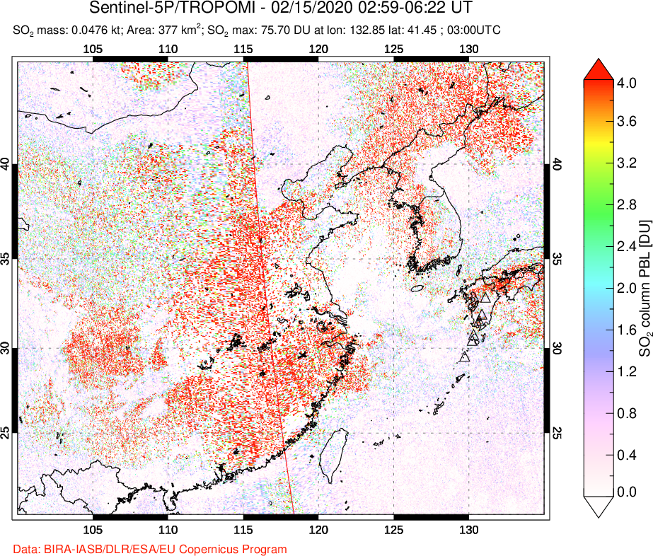 A sulfur dioxide image over Eastern China on Feb 15, 2020.