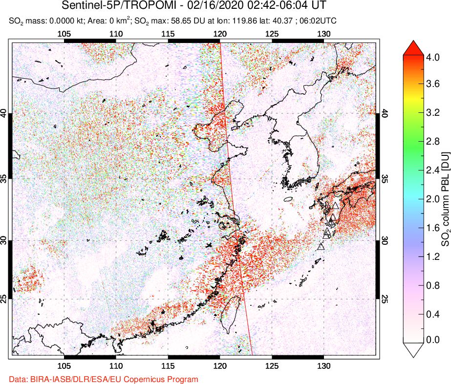 A sulfur dioxide image over Eastern China on Feb 16, 2020.